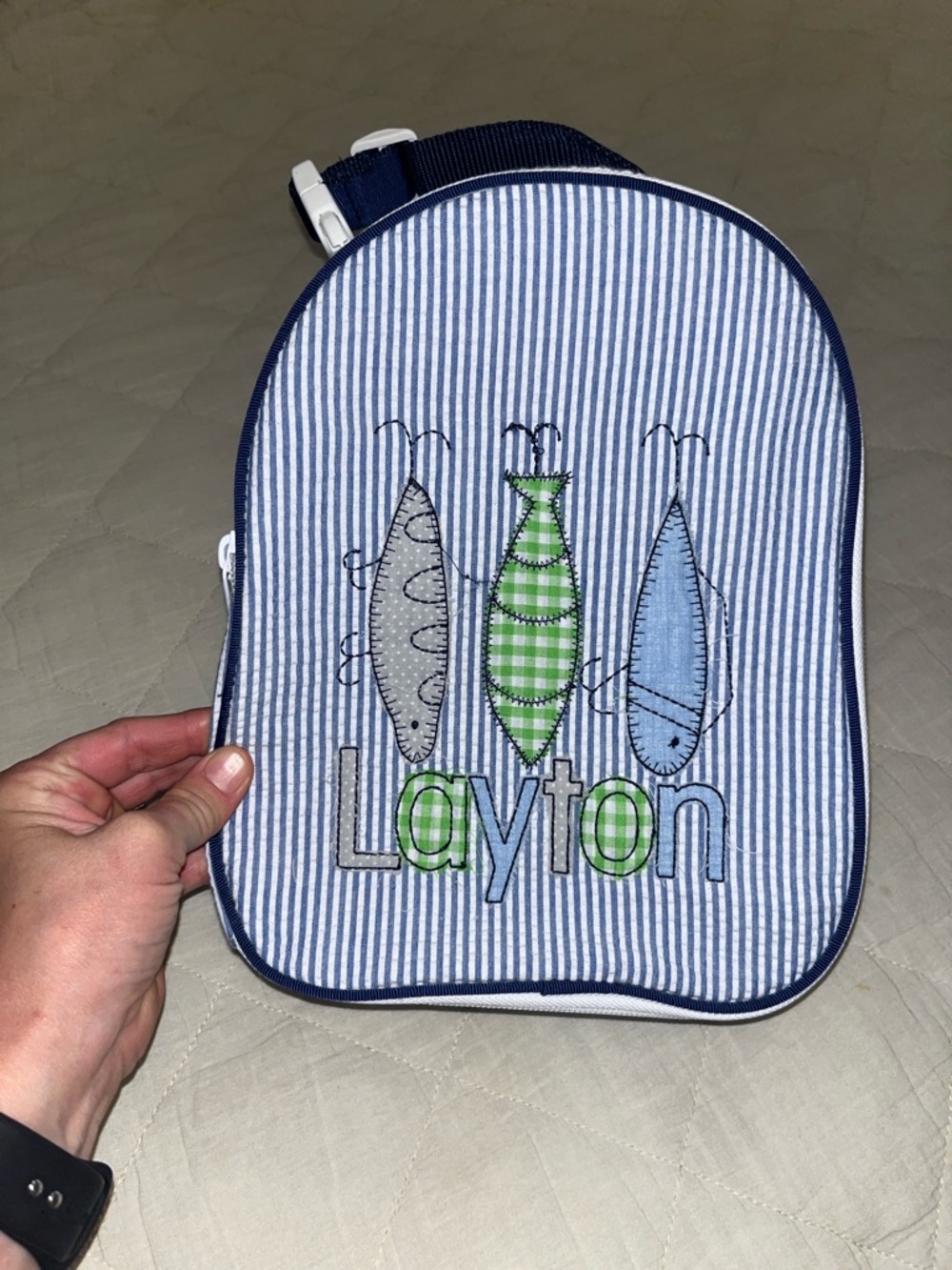 Personalized Layton Striped lunchbox - Blue & White with fishing lures